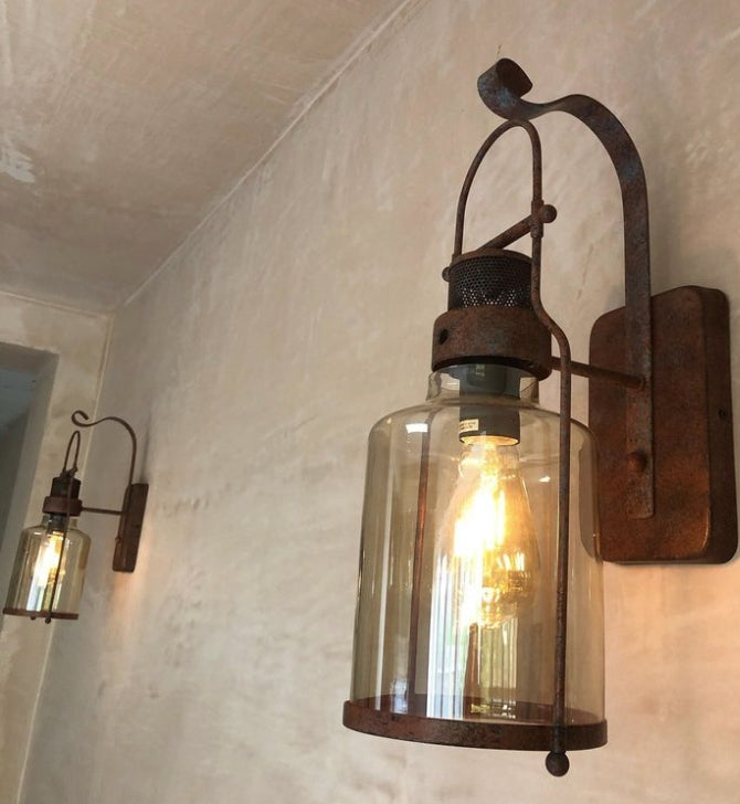 Old Brown Metal Amber Glass Cylinder Wall Light in action