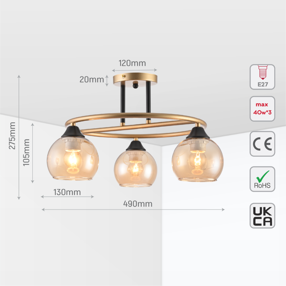 Size and tech specs of Orbit Harmony Black & Gold Ceiling Light | TEKLED 159-179987