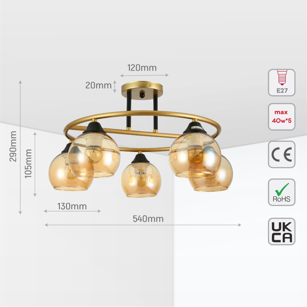 Size and tech specs of Orbit Harmony Black & Gold Ceiling Light | TEKLED 159-179988