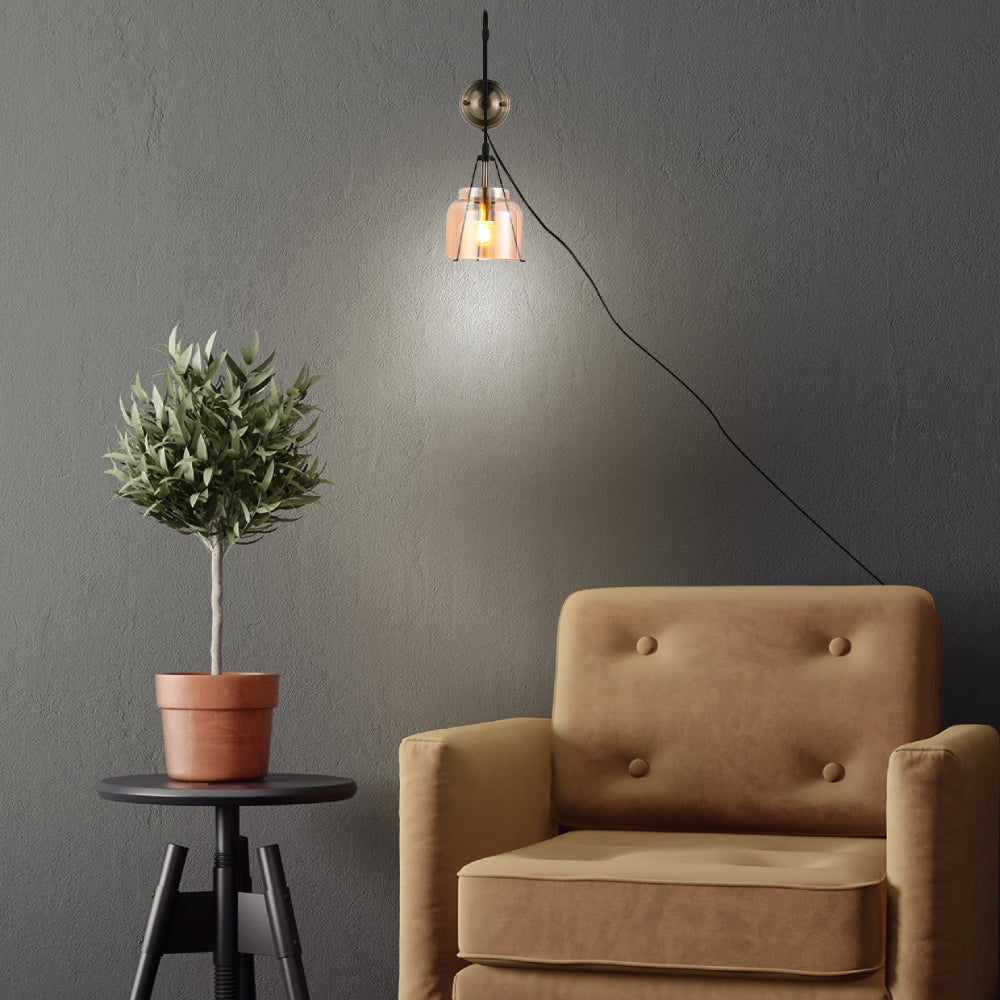 Plug-In Pendant Industrial Dome Wall Light - Amber Glass 4