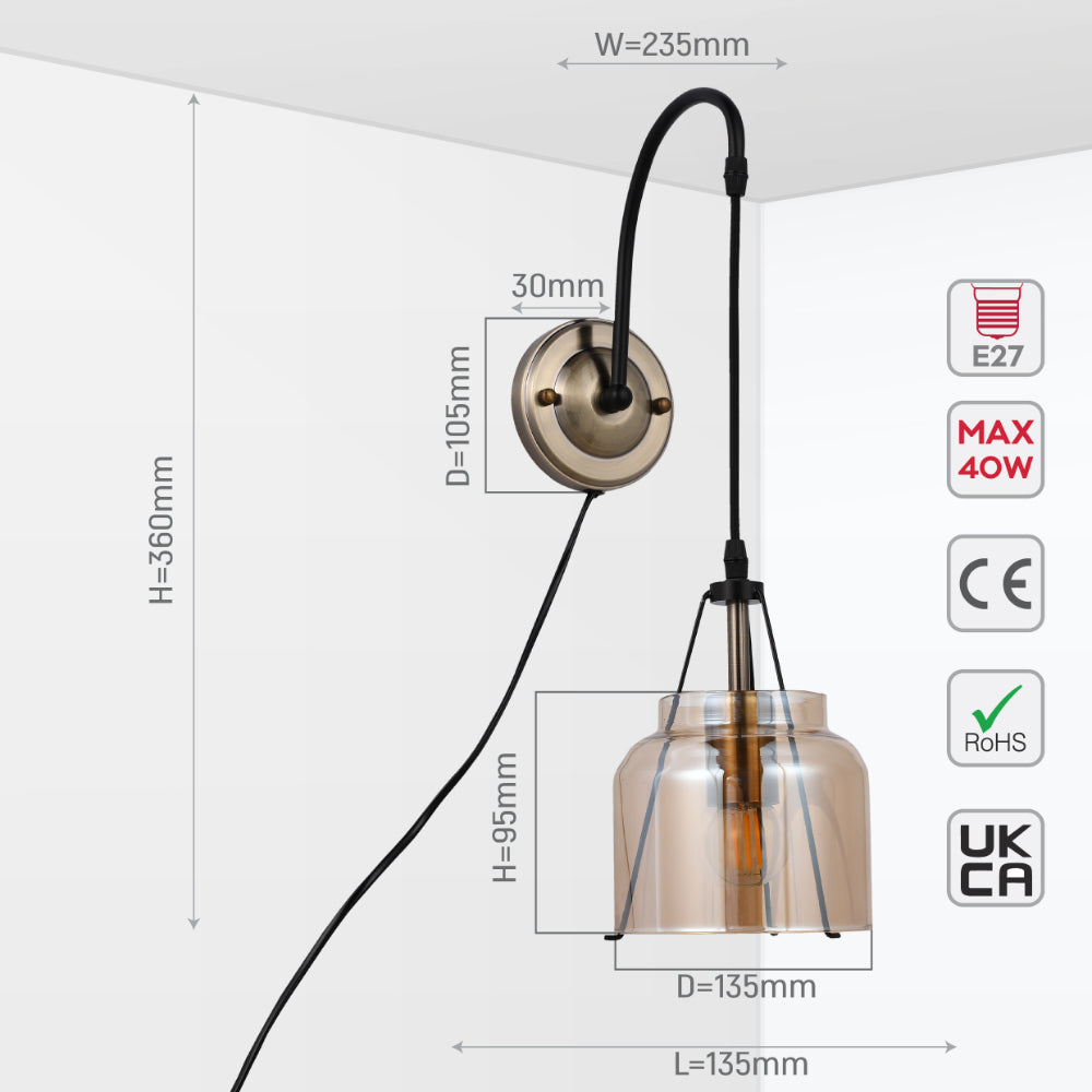 Plug-In Pendant Industrial Dome Wall Light - Amber Glass 3