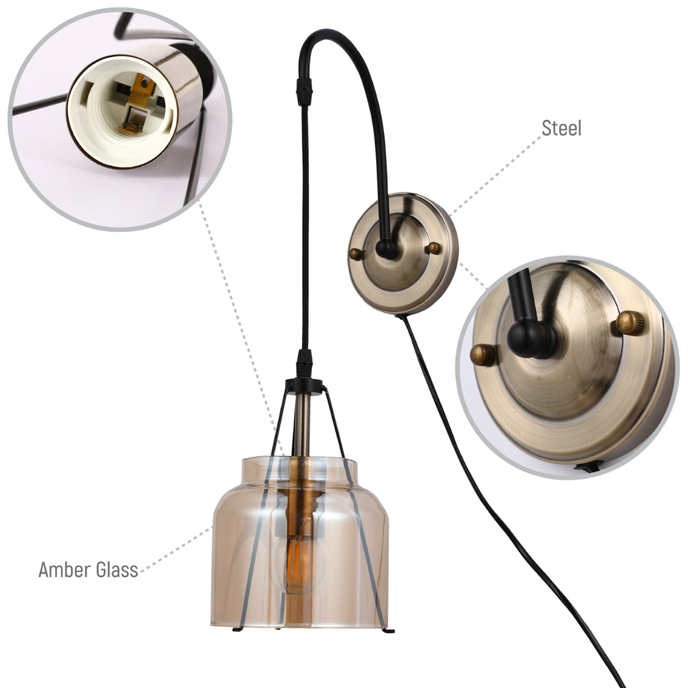 Plug-In Pendant Industrial Dome Wall Light - Amber Glass 6