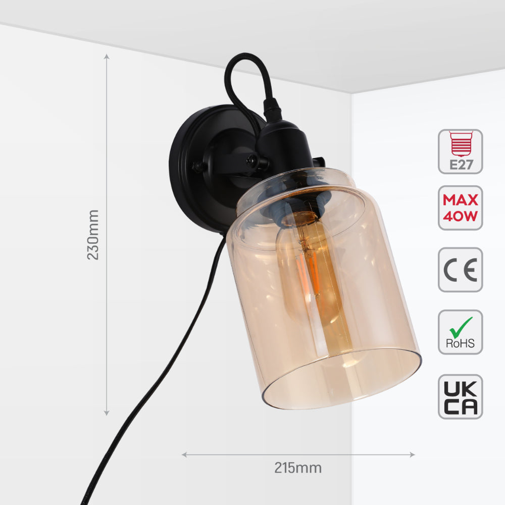 Plugged-In Adjustable Glass Cone Wall Light with Rocker Switch Black 5