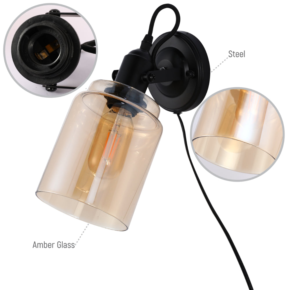 Plugged-In Adjustable Glass Cone Wall Light with Rocker Switch Black 6