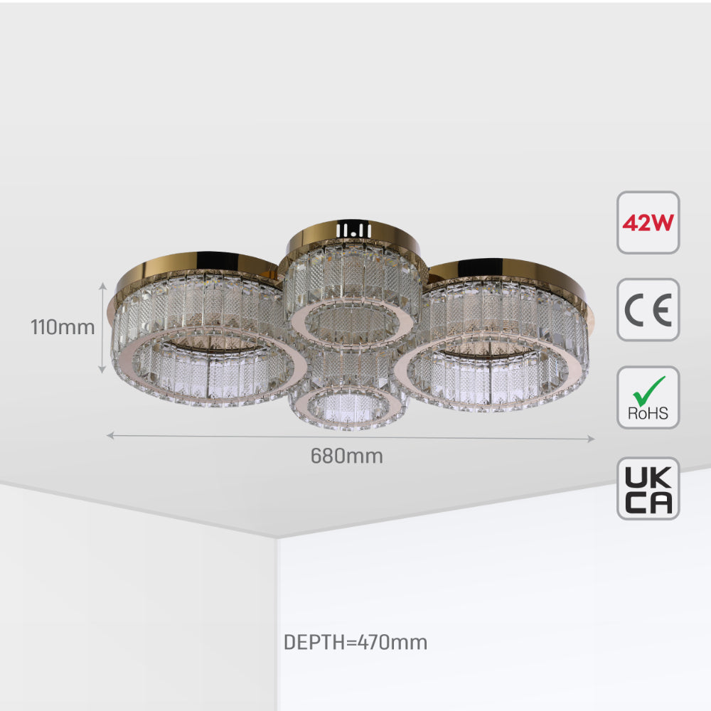 Quadruple-ring Crystal Flush Ceiling Chandelier Light with Remote Control 3 Colour 5