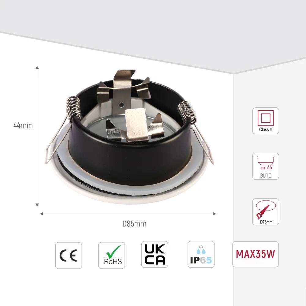 Size and technical specs of the Recessed IP65 GU10 Downlight with Junction Box – Black/White-143-03407