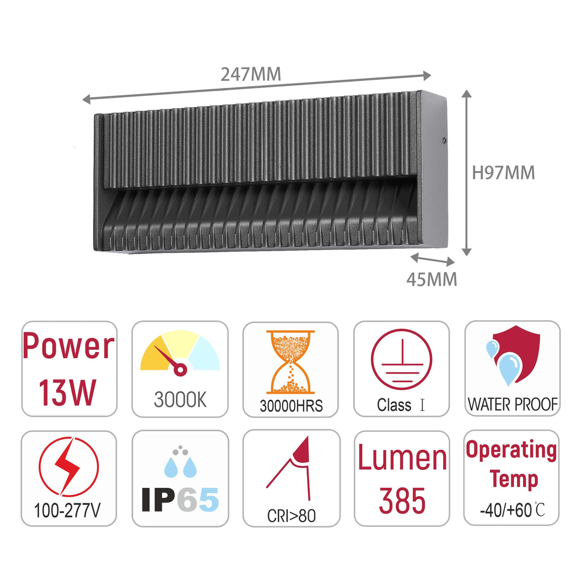 Stylish outdoor wall light with dimensions 247mm x 97mm x 45mm. It's waterproof and energy-efficient, operating between -40 and +60°C.