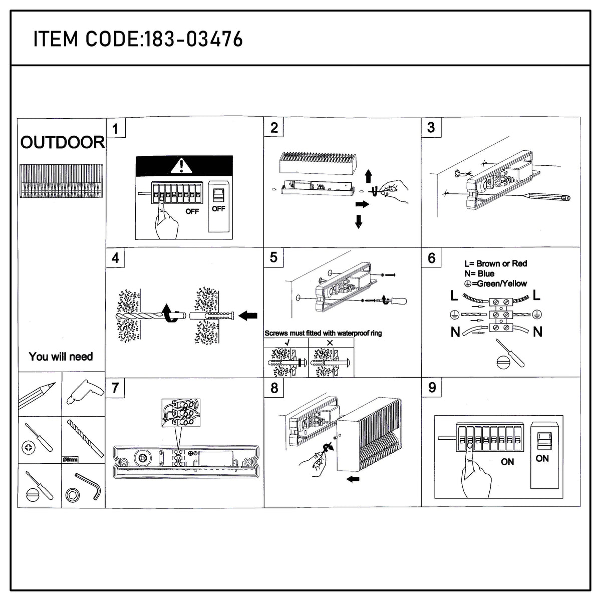 Outdoor lighting installation guide showing electrical connections and wall mounting, with labelled steps from 1 to 9.