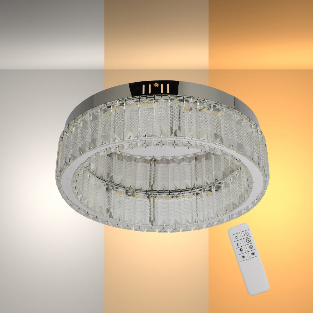 Ring Crystal Chrome Flush Ceiling Chandelier Light with Remote Control 3 Colour