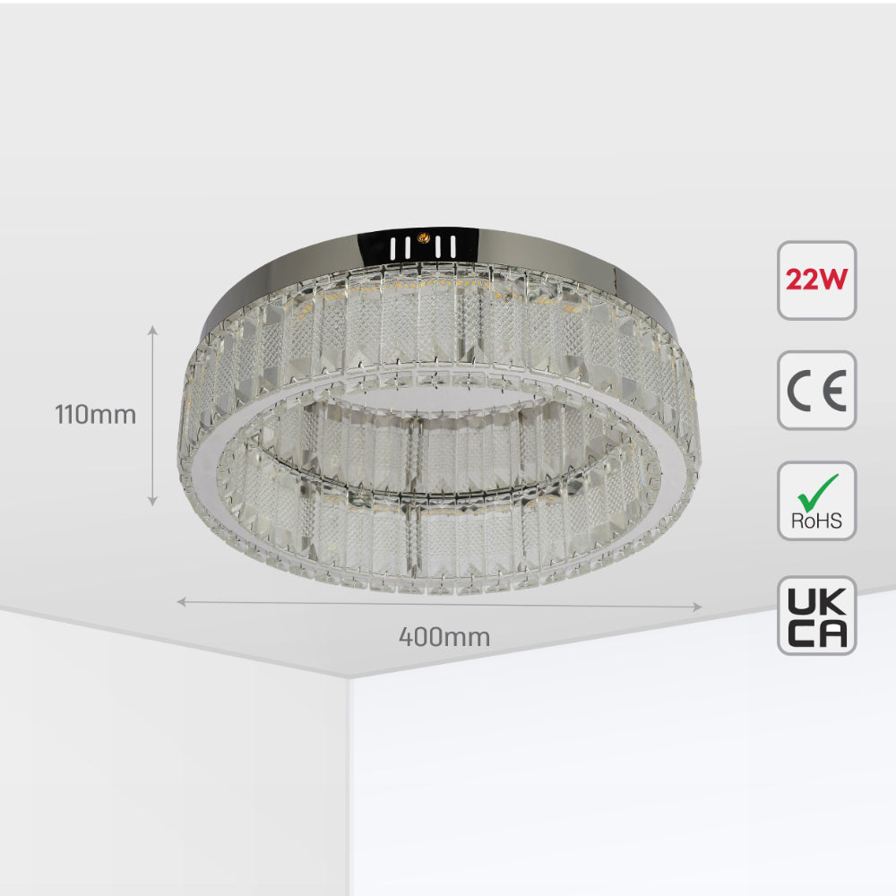Ring Crystal Chrome Flush Ceiling Chandelier Light with Remote Control 3 Colour