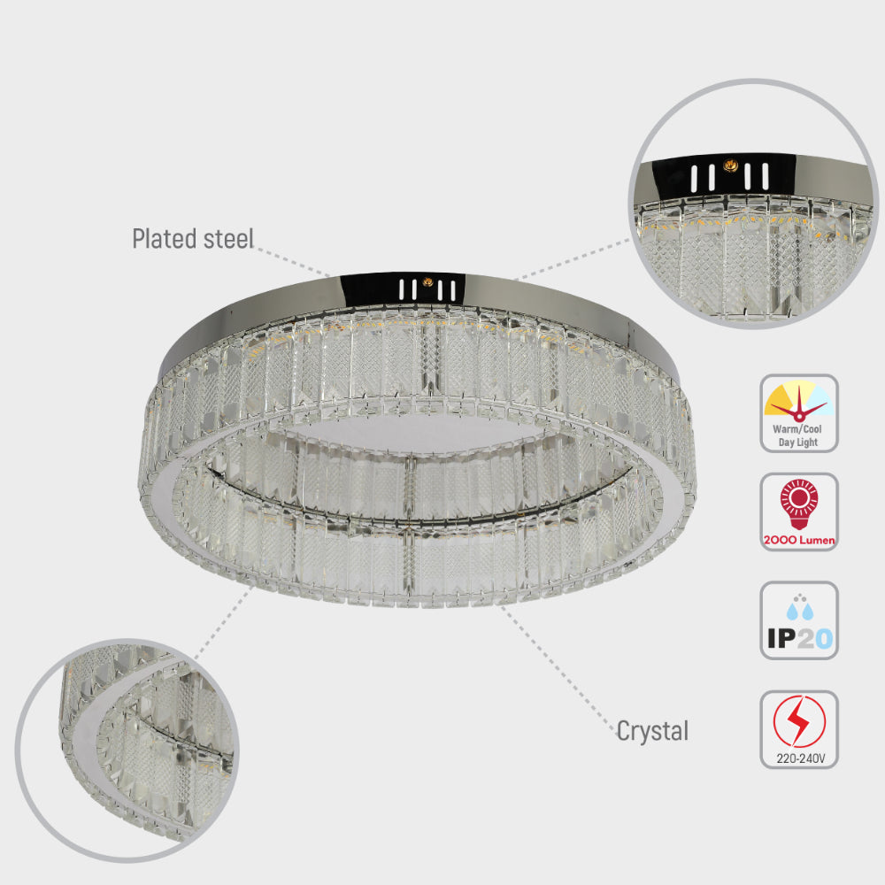 Ring Crystal Chrome Flush Ceiling Chandelier Light with Remote Control 3 Colour