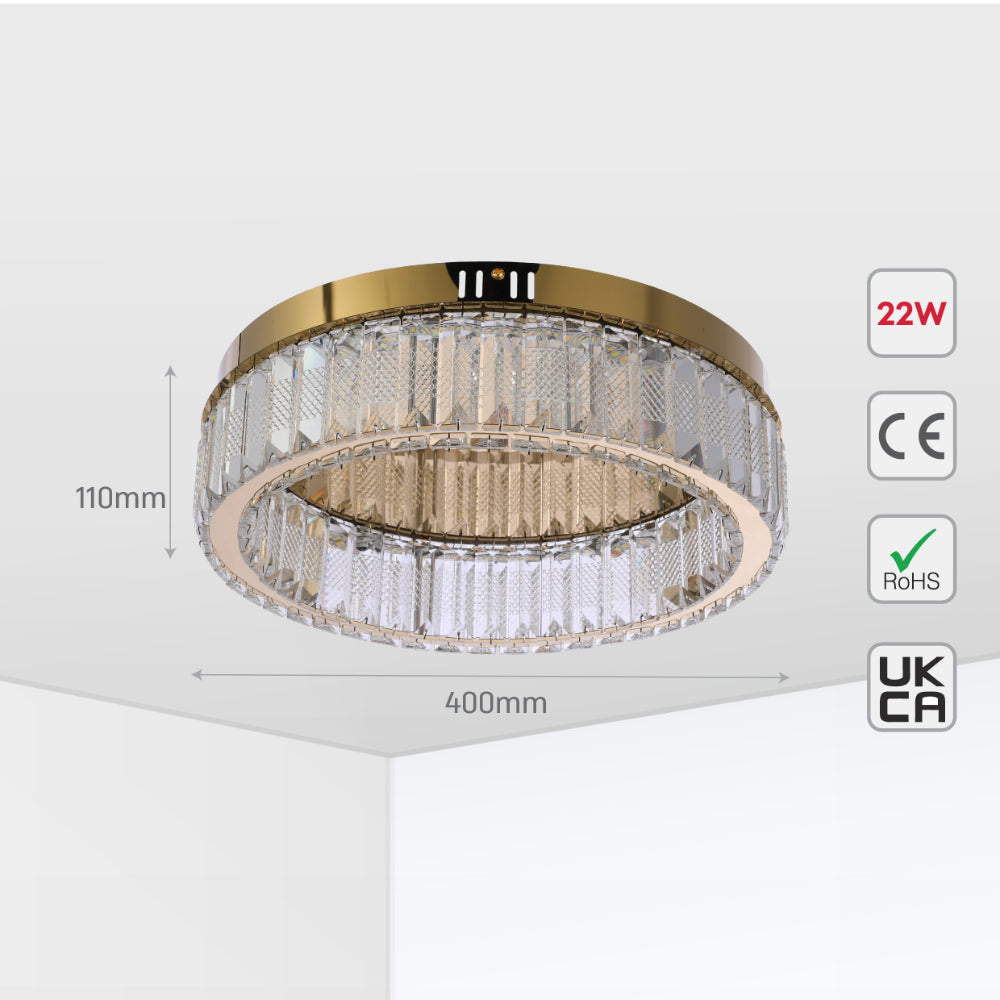 Ring Crystal Gold Flush Ceiling Chandelier Light with Remote Control 3 Colour