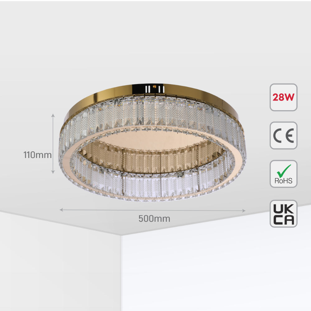 Ring Crystal Gold Flush Ceiling Chandelier Light with Remote Control 3 Colour