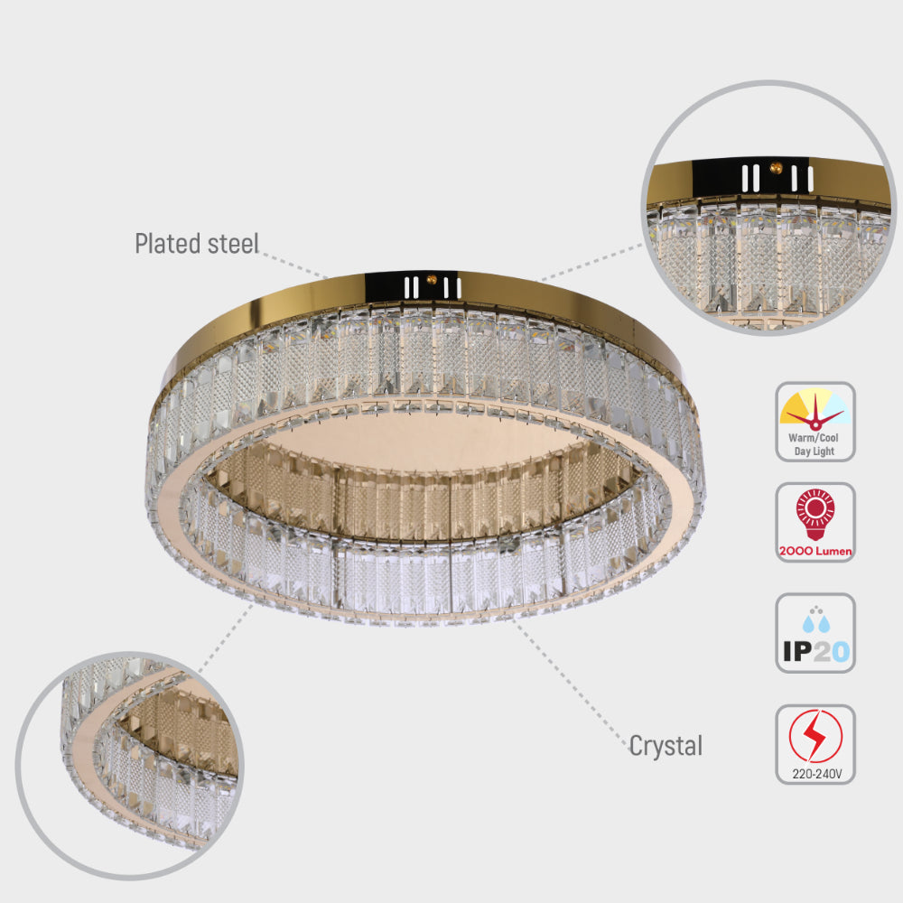 Ring Crystal Gold Flush Ceiling Chandelier Light with Remote Control 3 Colour