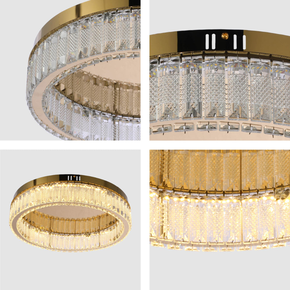 Ring Crystal Gold Flush Ceiling Chandelier Light with Remote Control 3 Colour