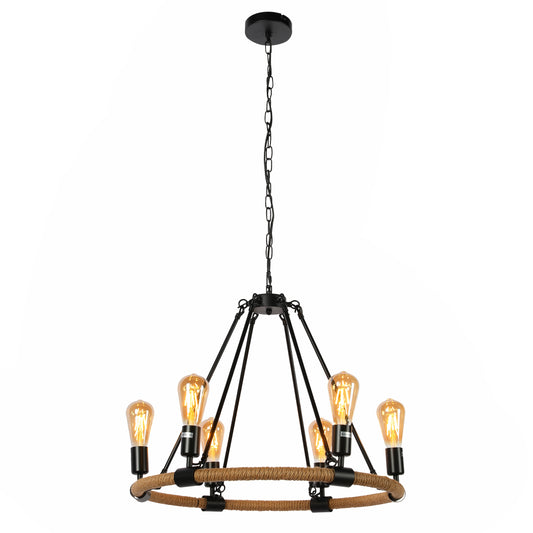 Main image of Rustic Charm Jute-Wrapped Circle Chandelier | 6-Light Artisanal Accent Fixture | TEKLED 158-17904