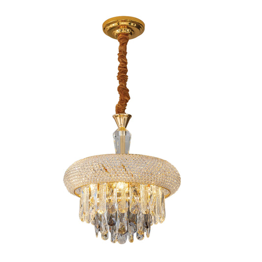 A stylish chandelier with crystals and a gold finish, perfect for adding a touch of glamour to any room.