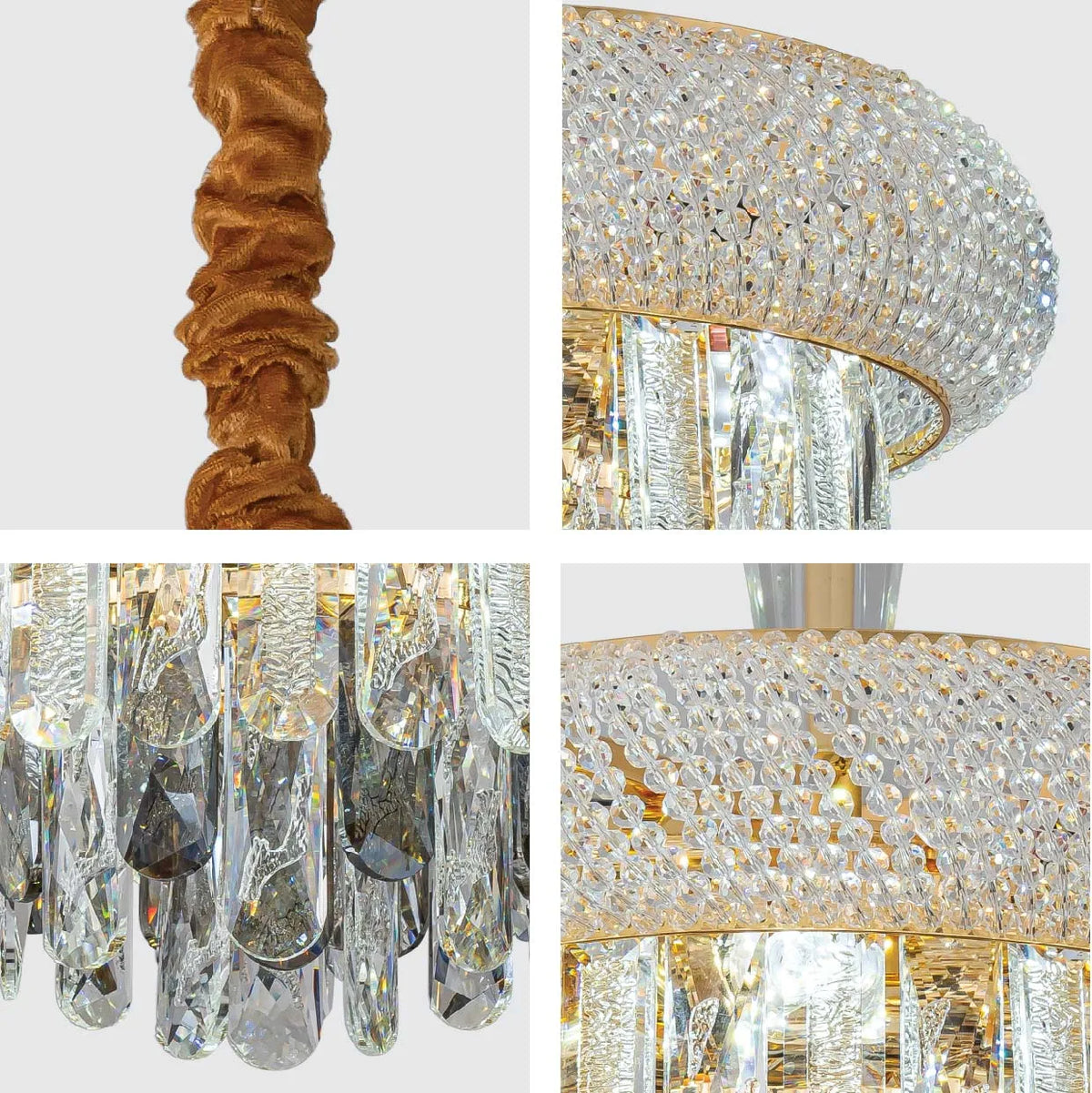 A stylish chandelier featuring cascading crystals and warm, ambient lighting, perfect for adding glamour to any room.