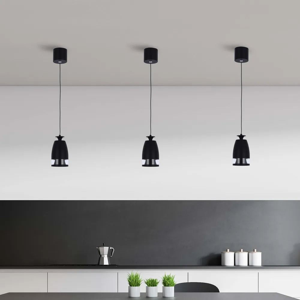 Warm white pendant downlight with a polycarbonate ring diffuser, enhancing modern kitchen decor with stylish illumination.150-19080