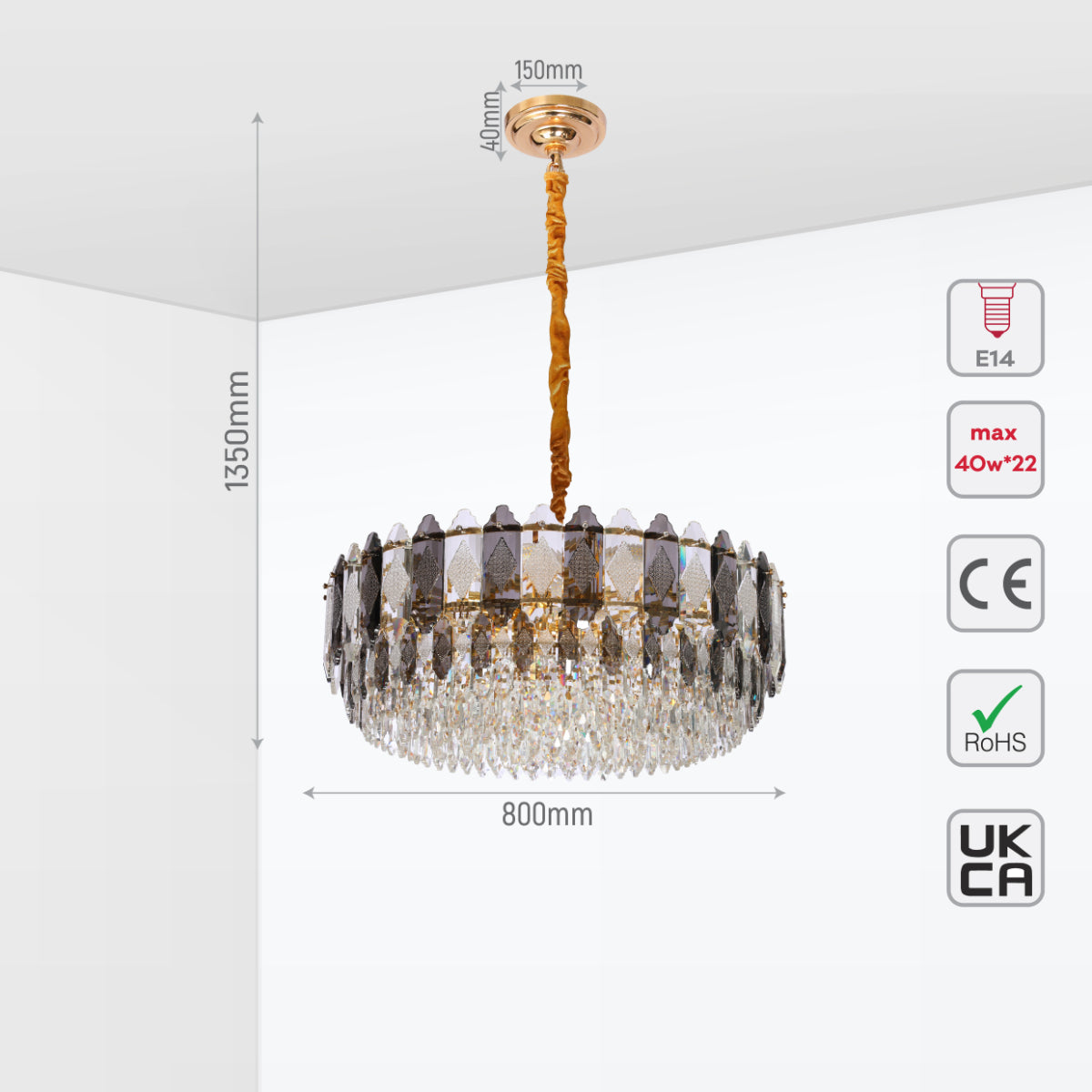 Size and certifications of Deluxe Smoky Clear Crystal Modern Chandelier Light Gold | TEKLED  159-18004