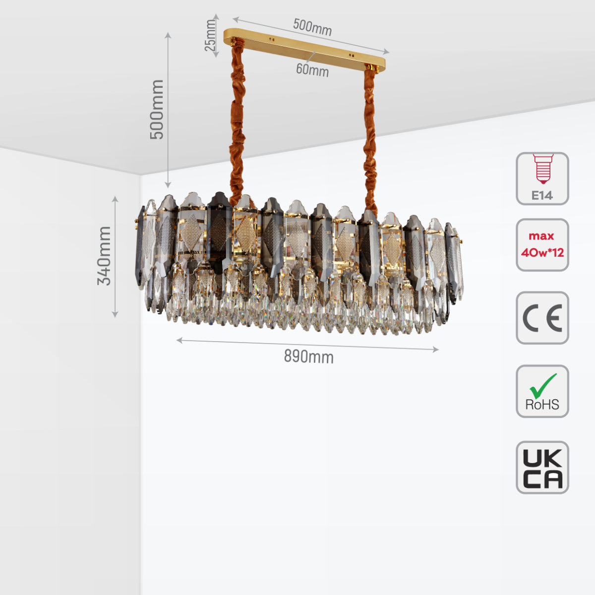 Size and certifications of Deluxe Smoky Clear Crystal Modern Chandelier Light Gold | TEKLED  159-18005