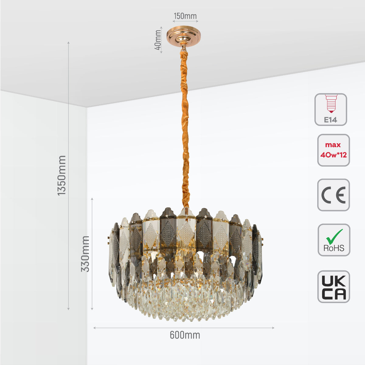 Size and certifications of Deluxe Smoky Clear Crystal Modern Chandelier Light Gold | TEKLED 159-18003