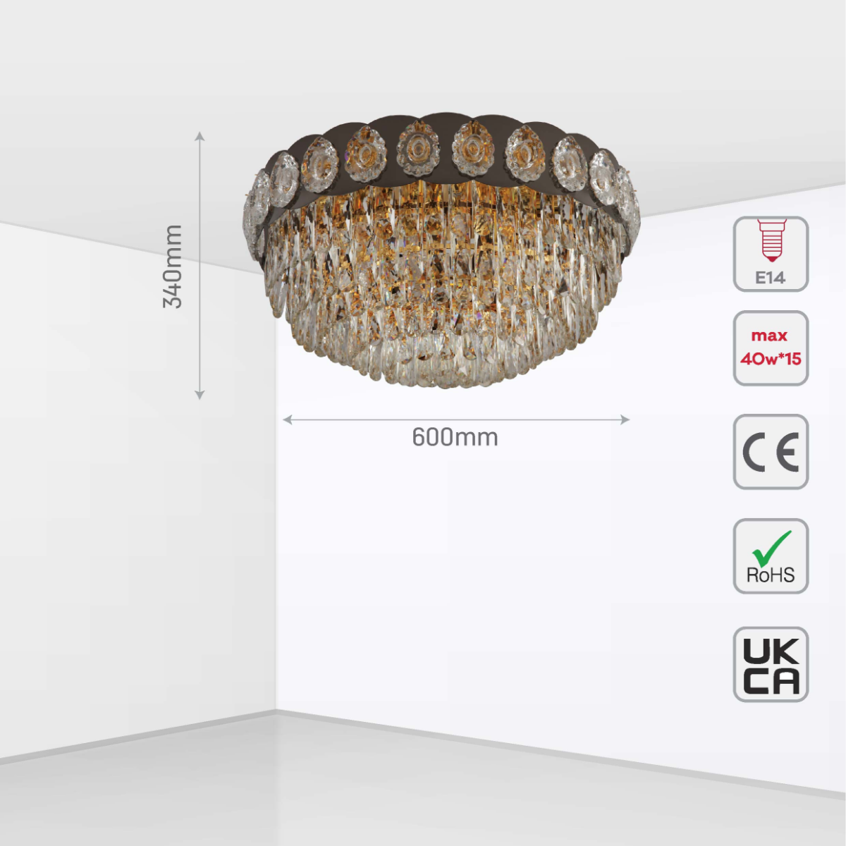 Size and certifications of Luxury Clear Crystal Flush Modern Ceiling Chandelier Light Gold | TEKLED 159-18009