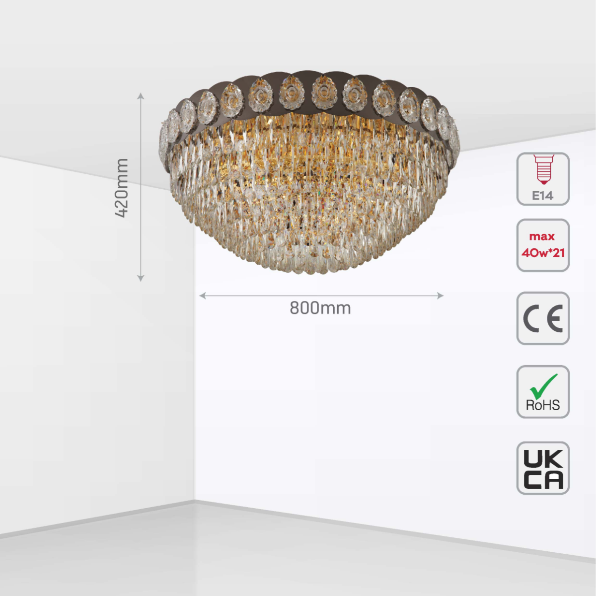 Size and certifications of Luxury Clear Crystal Flush Modern Ceiling Chandelier Light Gold | TEKLED 159-18011