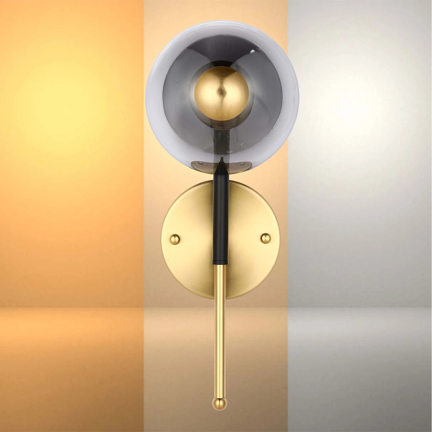 Stylish wall light with a smoked glass globe and golden accents, showcasing warm to cool colour temperature options.