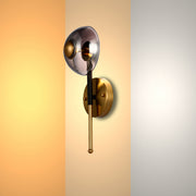Stylish wall light with a smoked glass globe and golden accents, showcasing warm to cool colour temperature options.
