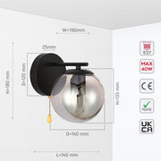 Elegant Globe Wall Light with Pull Down Switch - Smoky Glass 4