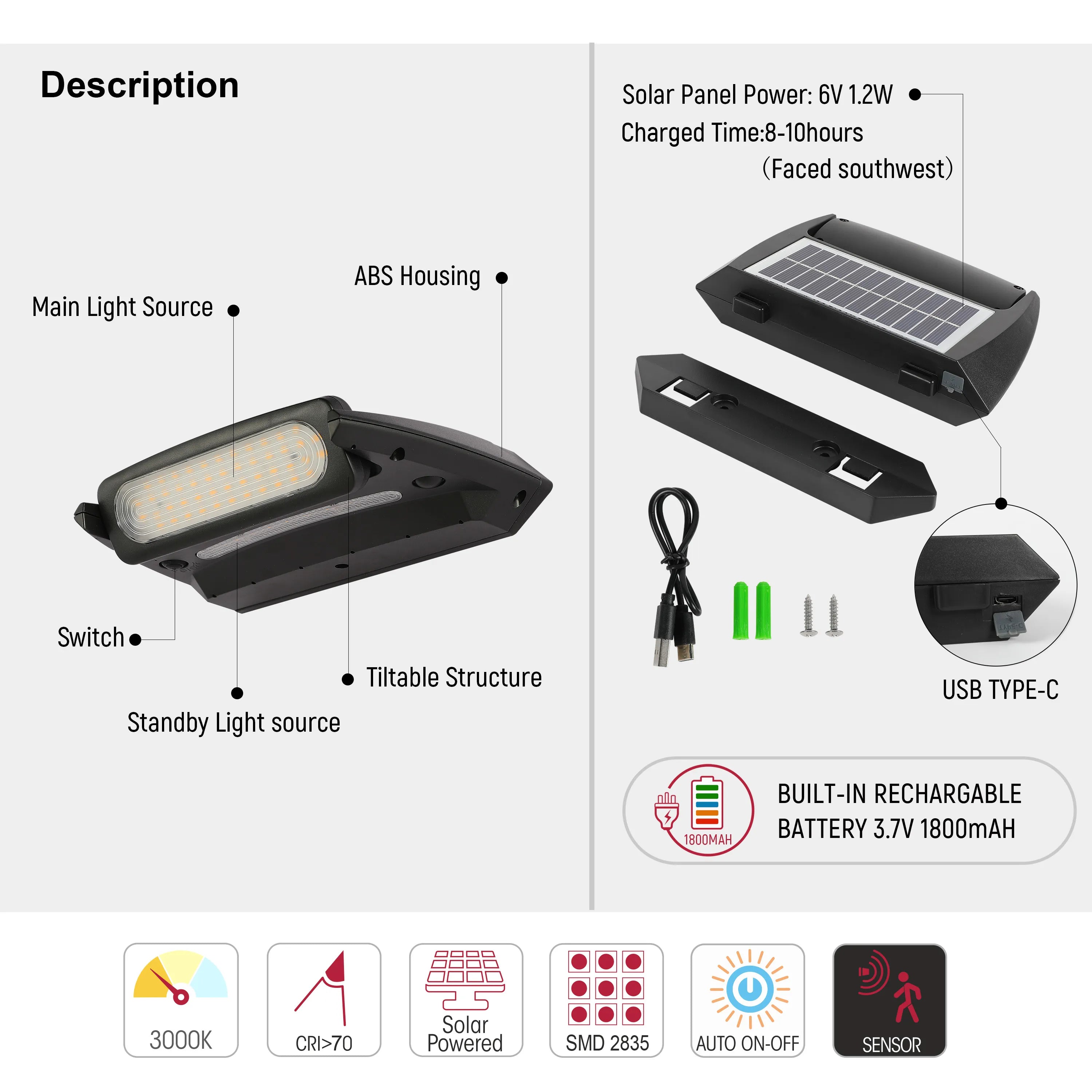 Solar-Powered Tiltable LED Wall Light, Motion Sensor, 3000K Warm White, Rechargeable, Outdoor Use, Solar Security Light With Sensor, TEKLED