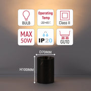 A spotlight with maximum 50W bulb, GU10 fitting, Class II, IP20 rated, and an operating temp of -20 to +45 degrees Celsius. Dimensions: D70mm H100mm.