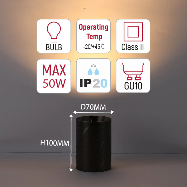 A spotlight with maximum 50W bulb, GU10 fitting, Class II, IP20 rated, and an operating temp of -20 to +45 degrees Celsius. Dimensions: D70mm H100mm.