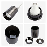 Selection of Gun Black, aluminium GU10 downlights. Contemporary designs with a twisted textured finish.