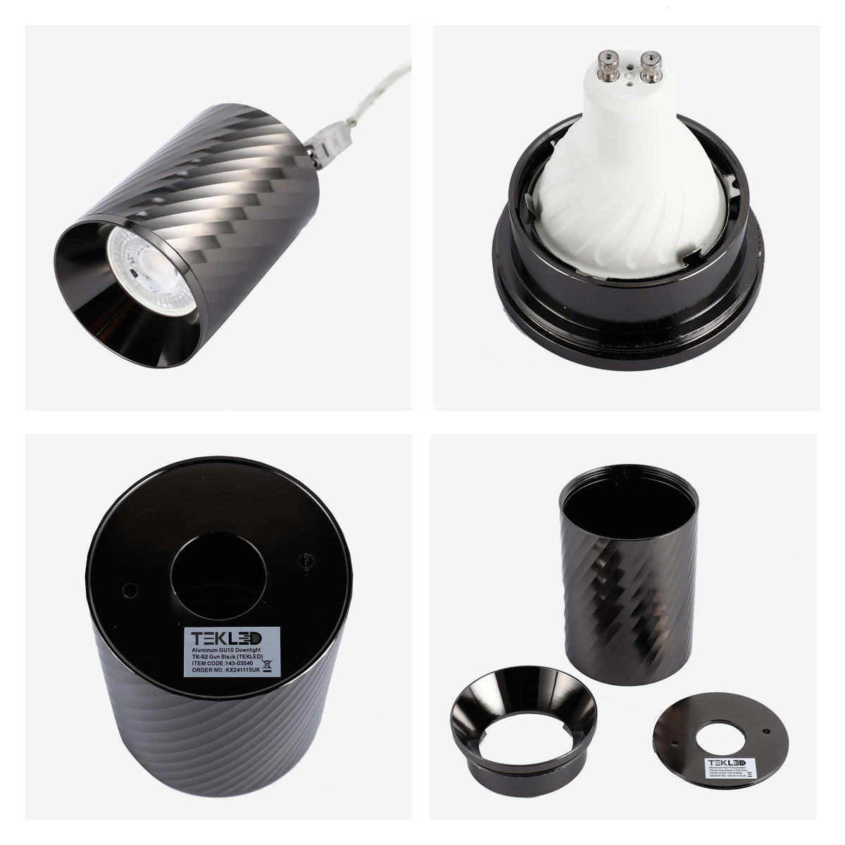 Selection of Gun Black, aluminium GU10 downlights. Contemporary designs with a twisted textured finish.