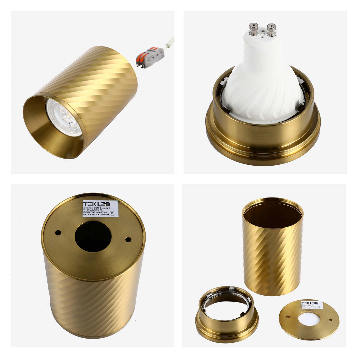 A contemporary, textured gold downlight, disassembled. This stylish fitting makes an impact with its eye-catching design.