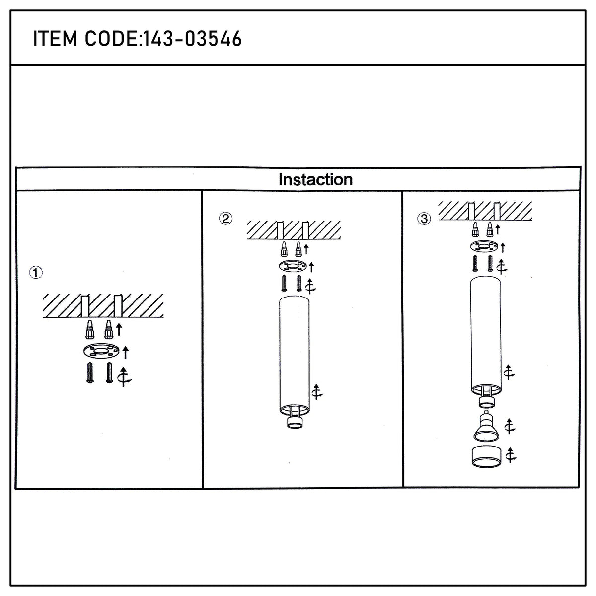 Diagram showcasing the steps to install a ceiling light fixture, with fixings and lamp shown in detail.