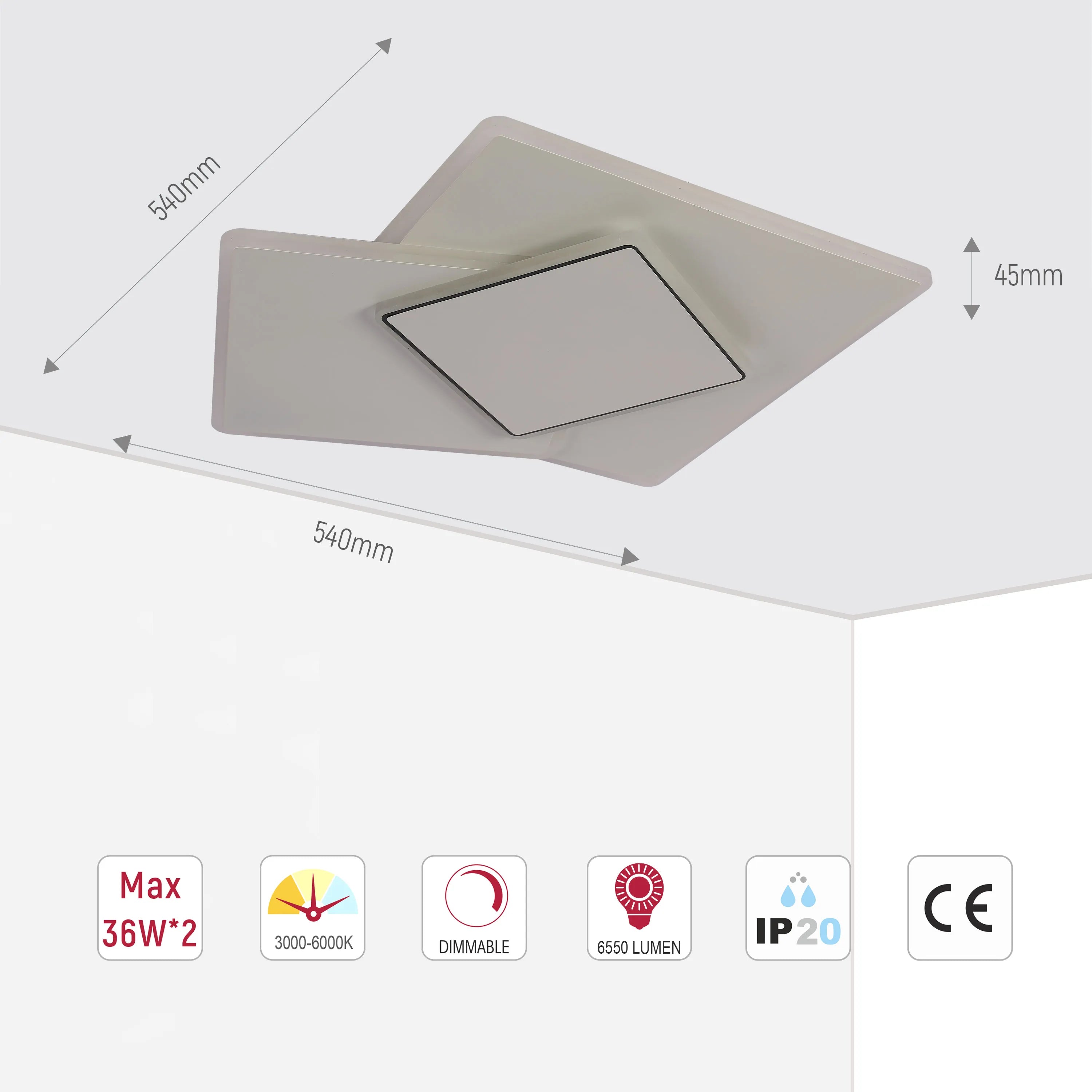 Staggered Trio Square LED Ceiling Light, CCT Tunable with Remote, 72W, Flush Mount, LED Flush Ceiling Light, TEKLED