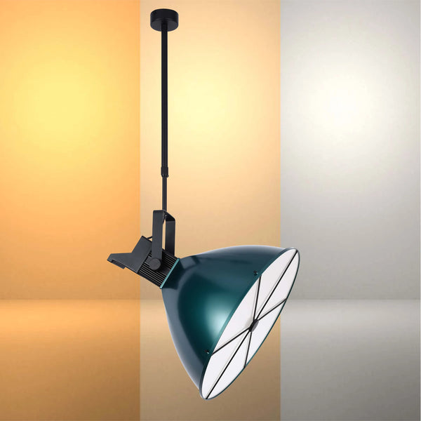 Dark green pendant light with black fixture, adjustable bar and white light diffuser. Contemporary design.