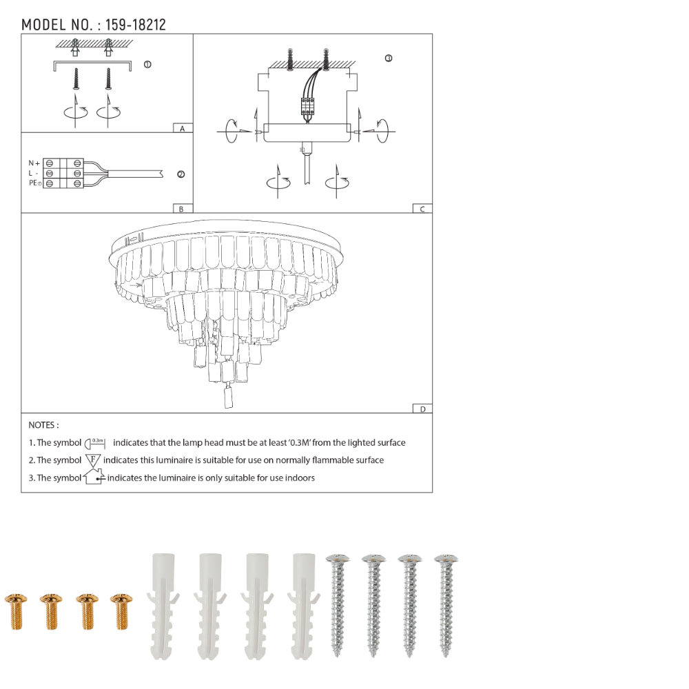 Three-tiered Cascading Flush Ceiling Chandelier Light with Remote Control 3 Colour D600mm