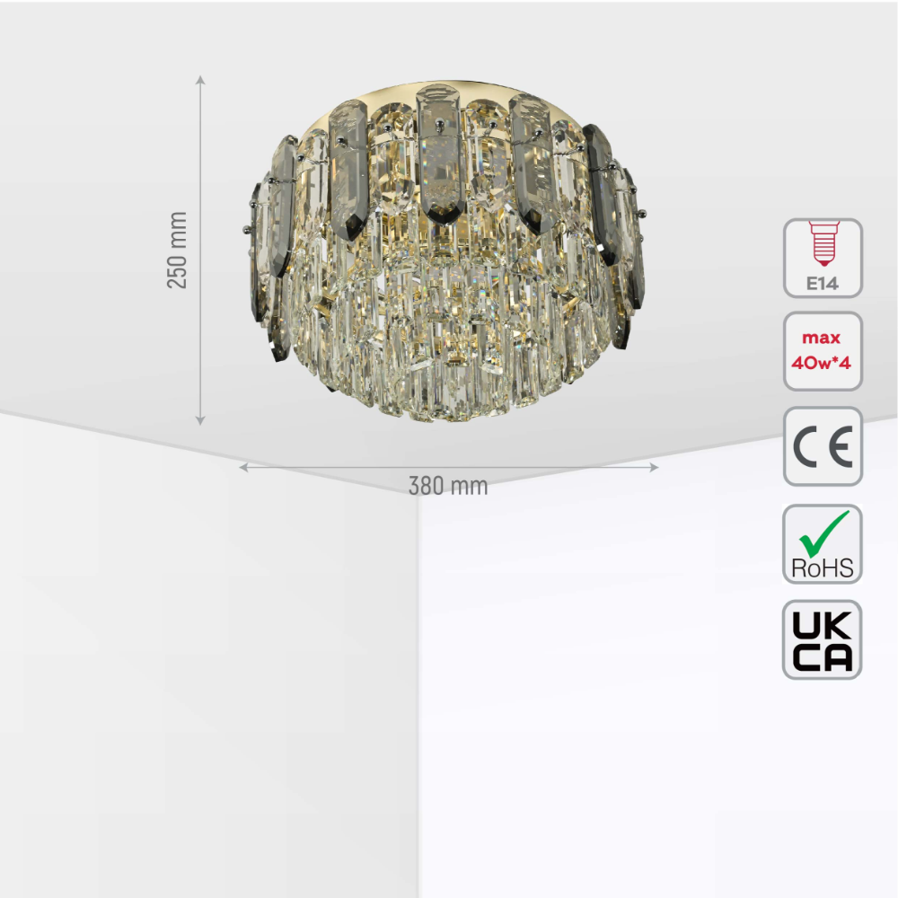 Size and tech specs of Tiered Flush Chandelier Ceiling Light with Smoky and Clear Crystals | TEKLED 159-18076