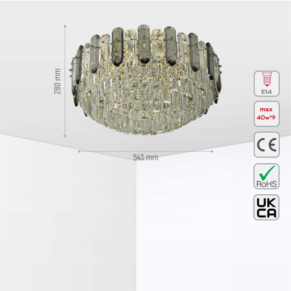 Size and tech specs of Tiered Flush Chandelier Ceiling Light with Smoky and Clear Crystals | TEKLED 159-18077