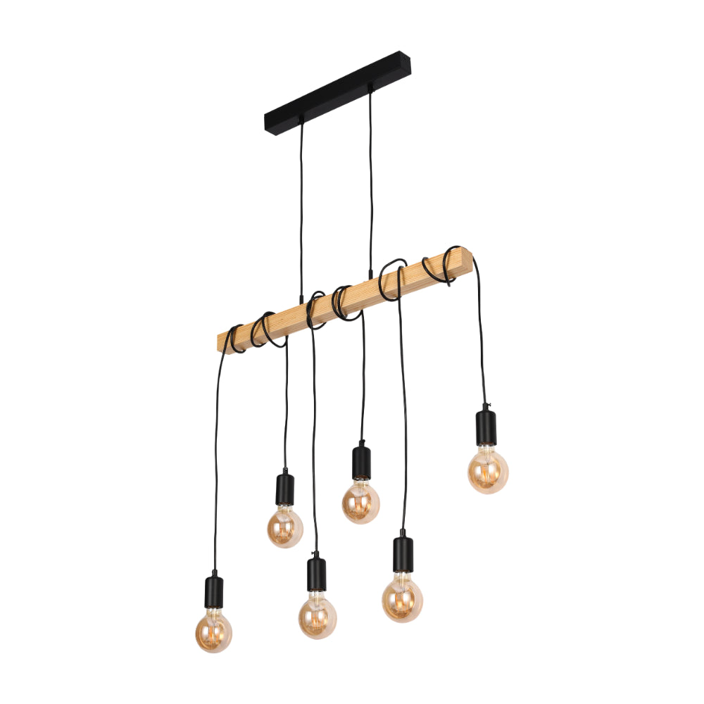 A modern pendant light with a wooden beam and six Edison-style bulbs hanging from black cords.