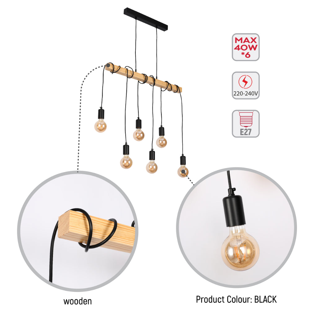 Contemporary multi-bulb pendant light with warm Edison-style bulbs and black & wood finish. Creates a cosy, inviting ambience.