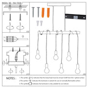 Diagram of a modern pendant light fixture with six bulbs hanging from a long, rectangular base. Includes installation instructions.