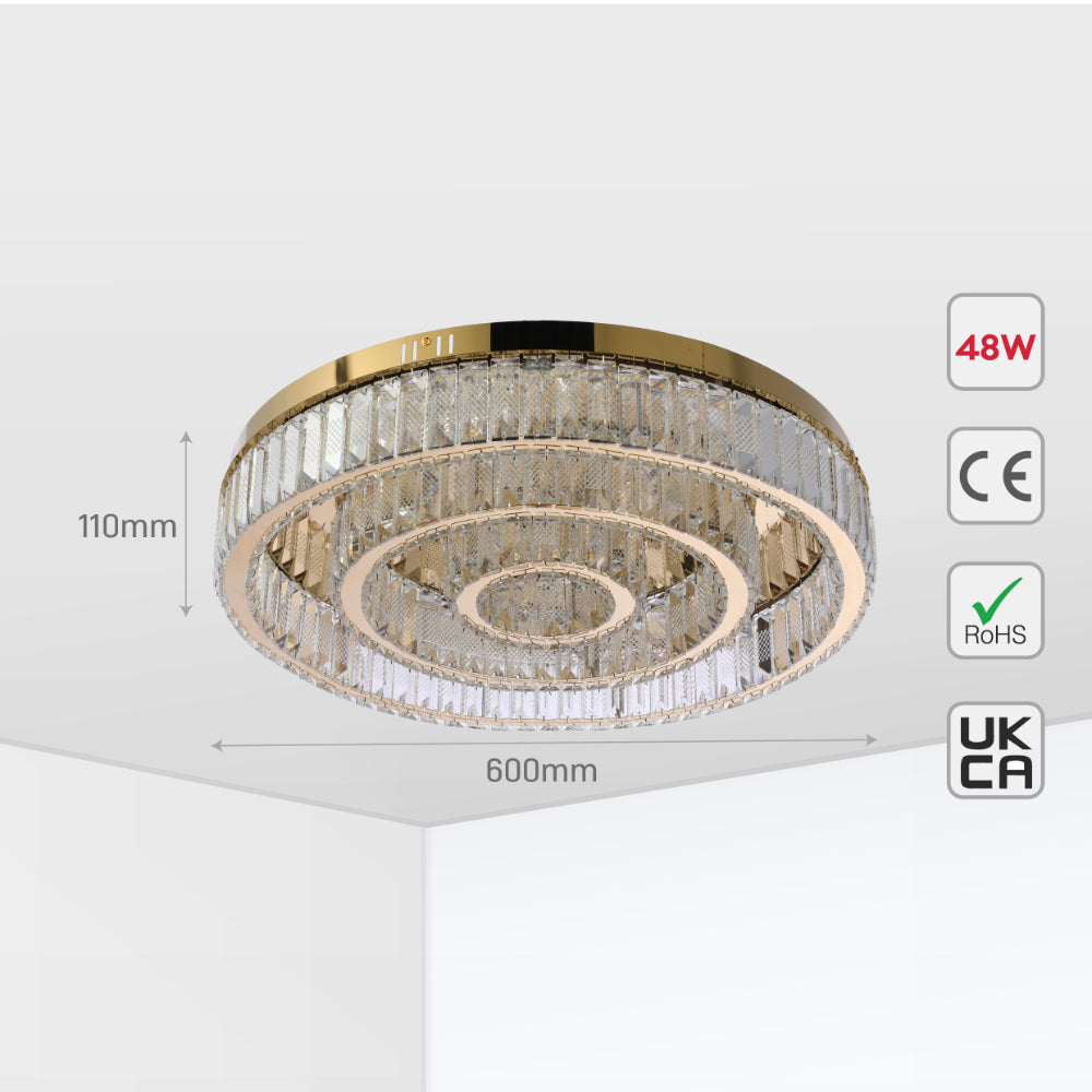 Triple Nested Ring Crystal Flush Ceiling Chandelier Light with Remote Control 3 Colour D600mm