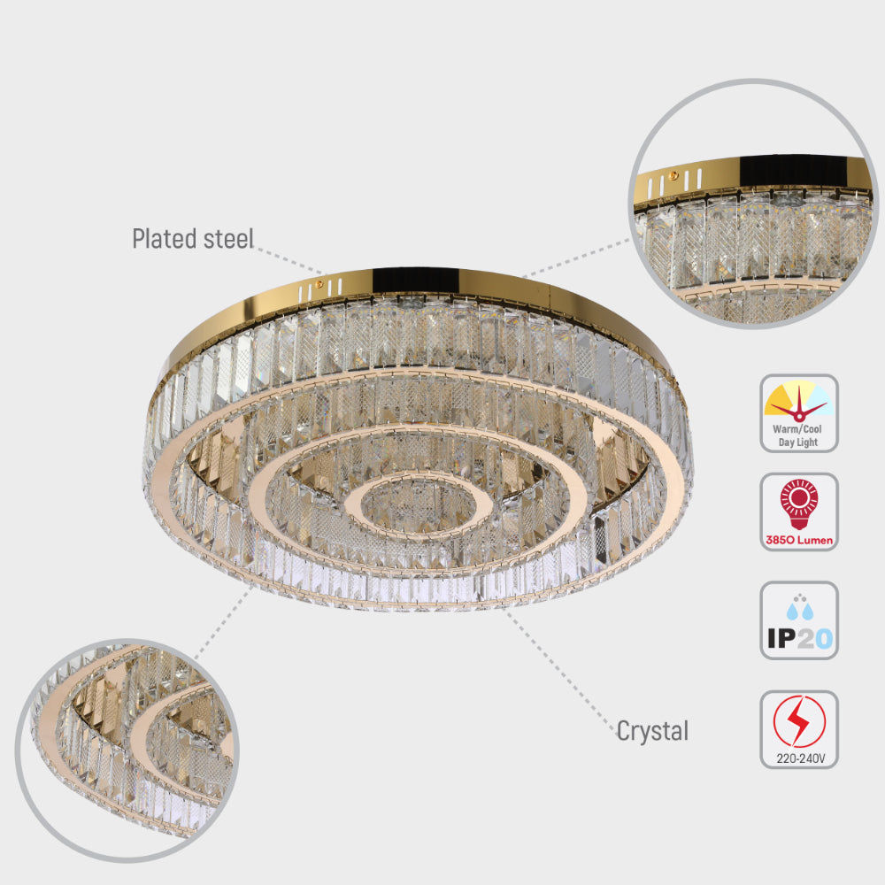 Triple Nested Ring Crystal Flush Ceiling Chandelier Light with Remote Control 3 Colour D600mm