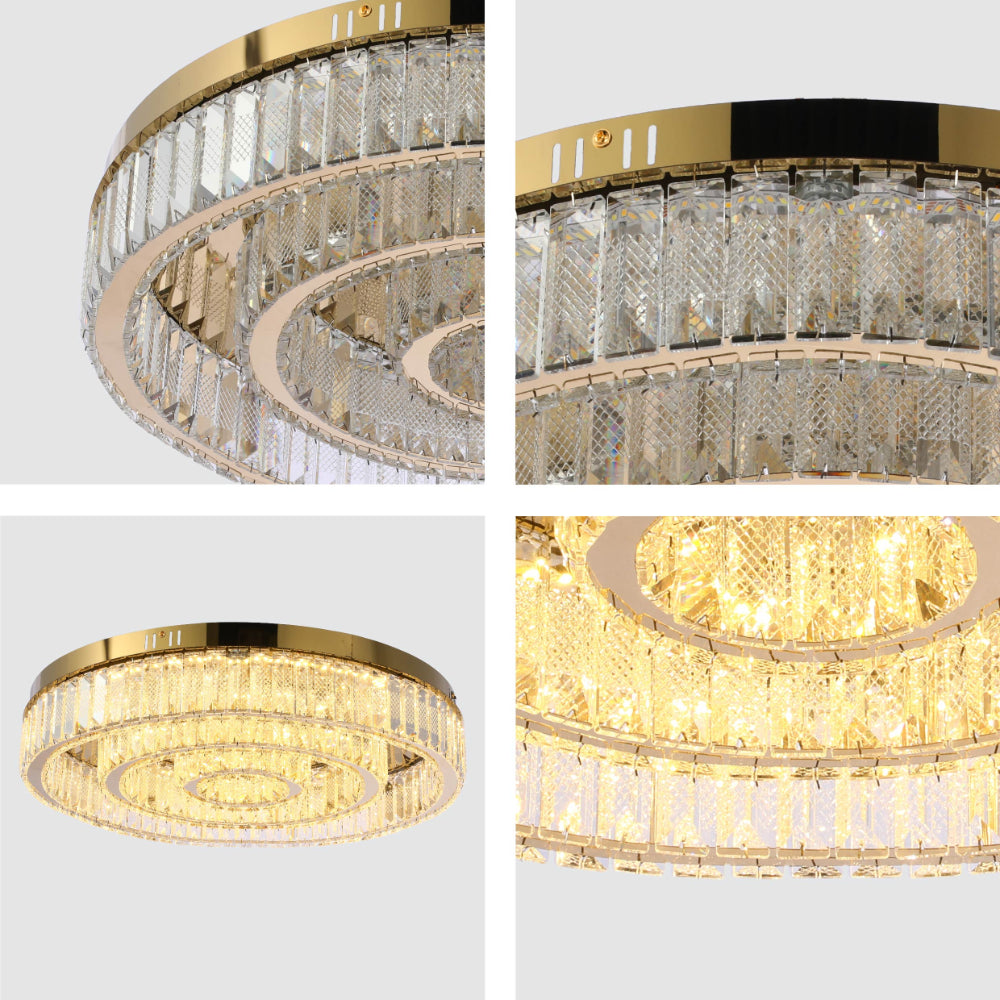 Triple Nested Ring Crystal Flush Ceiling Chandelier Light with Remote Control 3 Colour D600mm