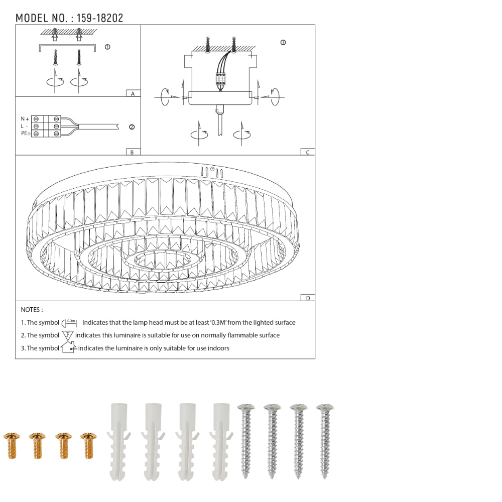 Triple Nested Ring Crystal Flush Ceiling Chandelier Light with Remote Control 3 Colour D600mm